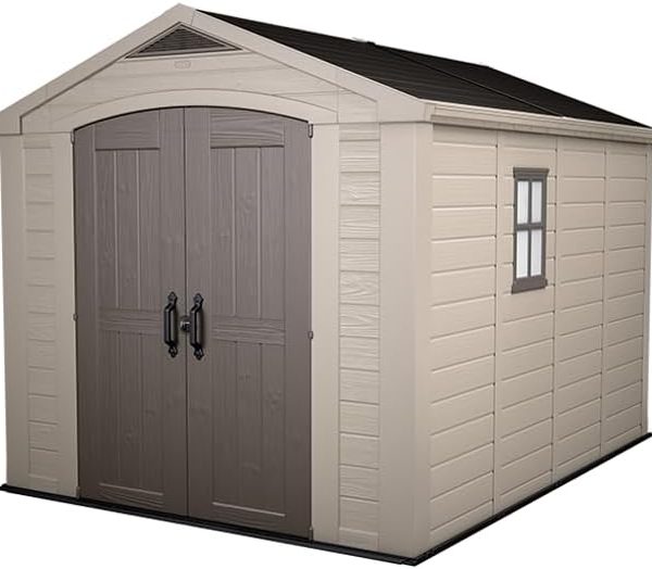 8x11ft Factor Outdoor Garden Storage Shed — Beige Resin, Steel-Reinforced