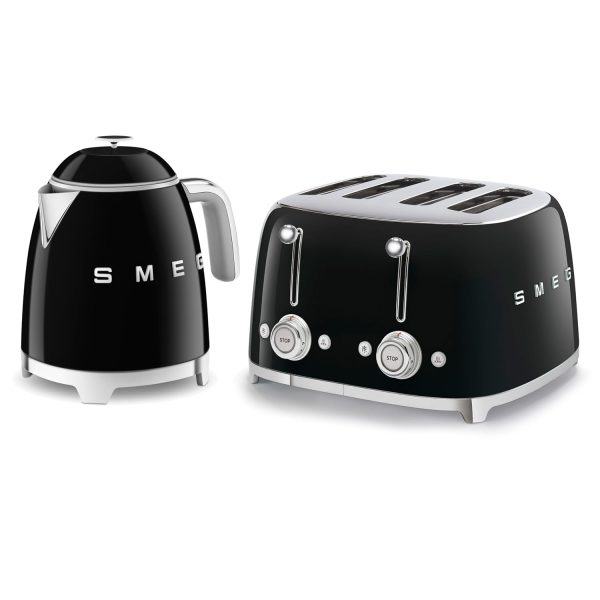 50'S Style Retro Range Breakfast Set 0.8L 1400W Mini Kettle And 4-Slice 2000W Toaster Black