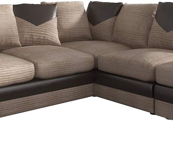 Large L-Shaped Corner Sofa in Jumbo Cord Fabric with Foam-Filled Seats Beige Brown Right Hand