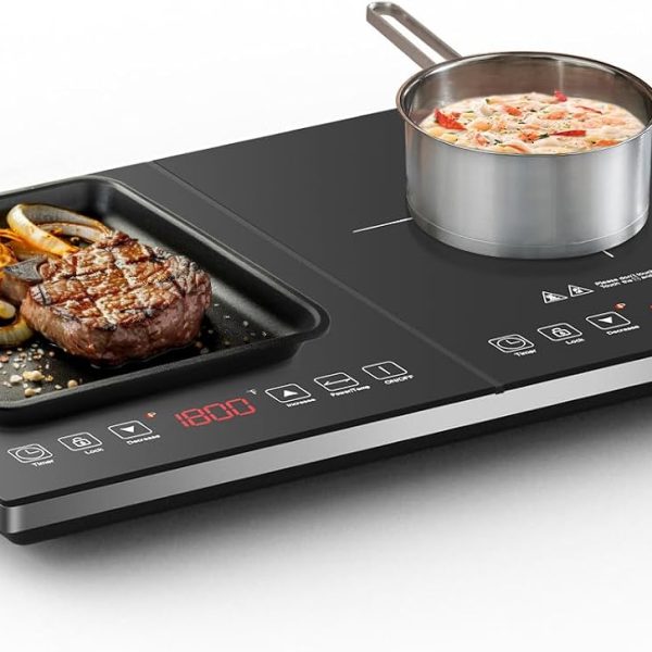 AMZCHEF Double Induction Hob 2800W Portable Cooker Ultra-Thin 10 Temperature Levels 3-Hour Timer Safety Lock Black