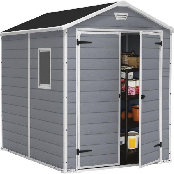 6x5ft Outdoor Plastic Garden Storage Shed — Weatherproof Grey Garden Shed