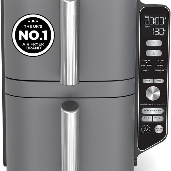 Double Stack XL Air Fryer 9.5L 2470W Vertical Dual Drawer Grey