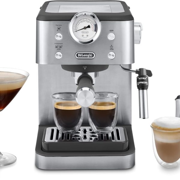 De'Longhi Classic EM450.M, Manual Coffee Machine with Steam Wand, Barista Pump Espresso Machine, Cappuccino Nozzle, Double Wall Filter Basket, 15bar, Fit Mug Up to 13cm, Stainless Steel/Metal