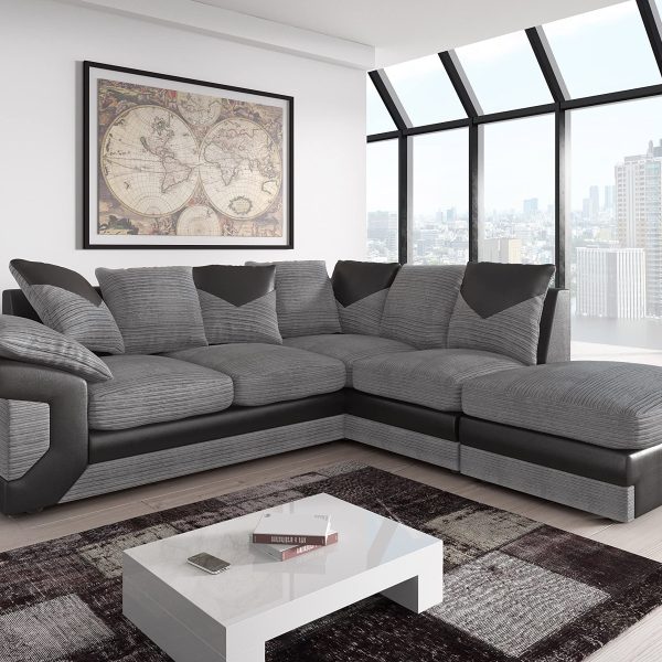 Large L-Shaped Corner Sofa in Jumbo Cord and Faux Leather with Foam Cushions, Grey Black, Right Hand