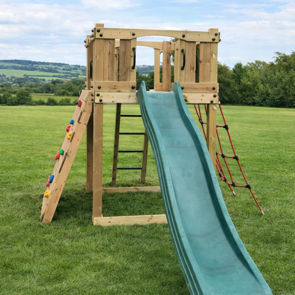 Active Climb ‘n’ Slide Tower with ladder, climbing wall and net. INSTALLED