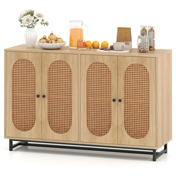 Rattan 4-Door Sideboard Storage Cabinet with Adjustable Shelves, Large Wooden Buffet Cupboard (126 x 40 x 81 cm)