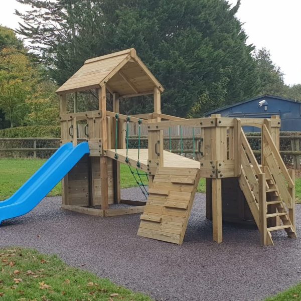 Croft Towers with slide, ladder, climbing walls, net, left-right climber and bridge. INSTALLED