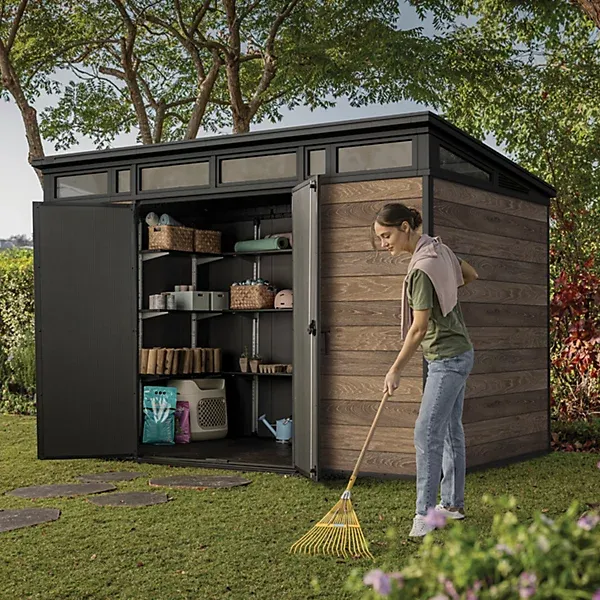 Keter Signature 7×11 ft Pent Walnut Plastic 2 door Shed with floor & 8 windows